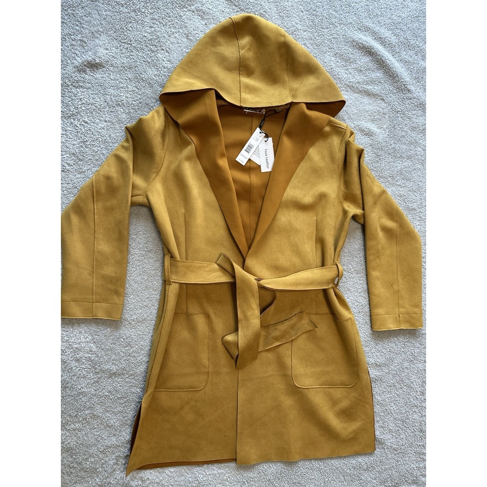 NWT Tahari Faux Leather Hooded Jacket W/Belt In Spicy Mustard Womens Size Medium